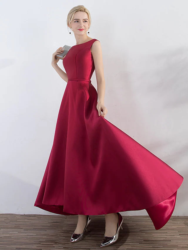 Evening Gown Elegant Minimalist Dress Party Wear Wedding Guest Asymmetrical Sleeveless Jewel Neck Satin with Sleek