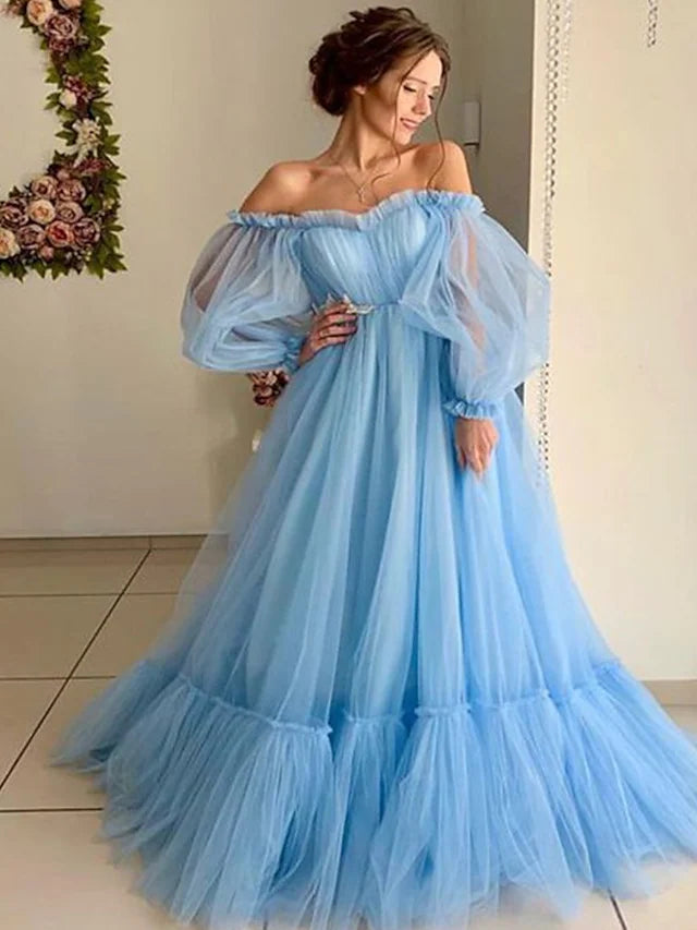 Minimalist Elegant Engagement Prom Dress Off Shoulder Long Sleeve Floor Length Tulle with Pleats Appliques