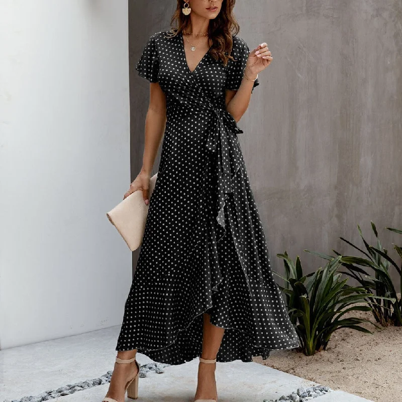 Polka Dot Chiffon V-Neck Maxi Dress