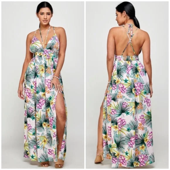 Purple Tropical Floral Palm Vacation Cruise Summer Sexy Slit Maxi Halter Dress