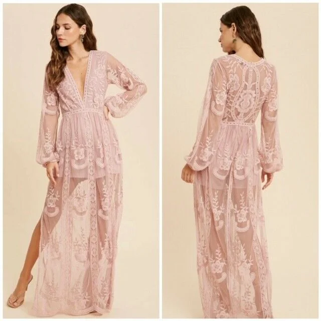 Romantic Light Mauve Floral Crochet Lace Long Sleeve Maxi Boho Dress Womens