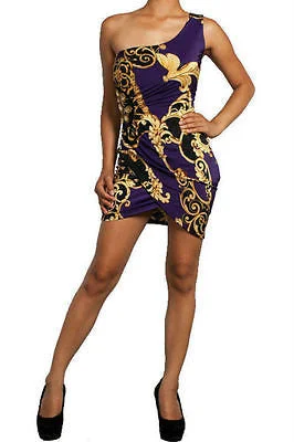 Sexy Club Dress Purple Royal Ancient Print One Shoulder Side Jewel Tank Mini