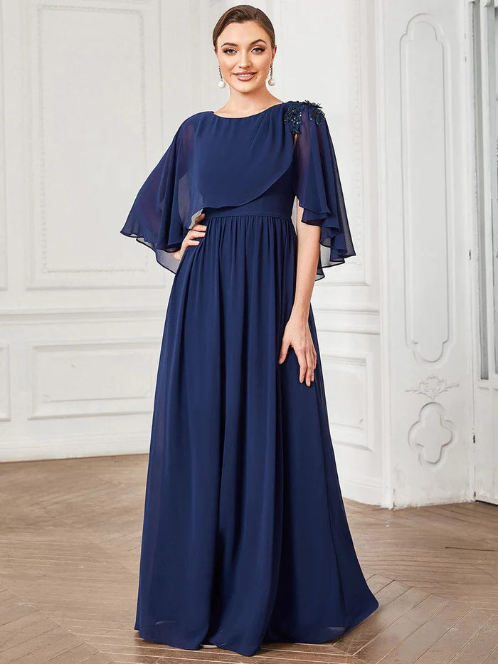 Sheer Bell Sleeve Capelet Maxi Mother of the Bride Dress