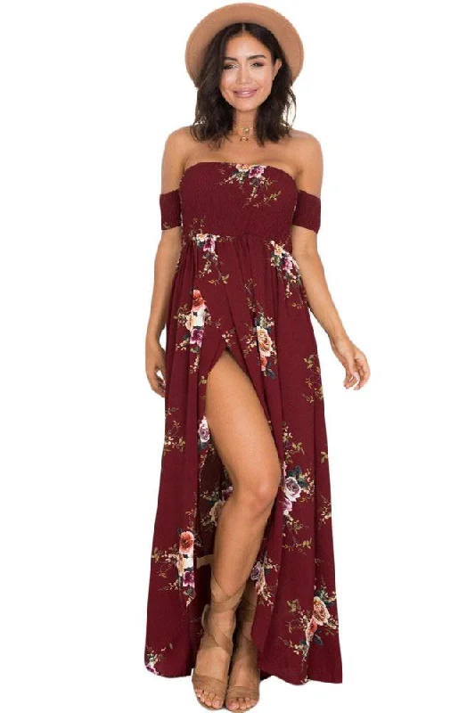 Smoked Off Shoulder Burgundy Floral Maxi Dress