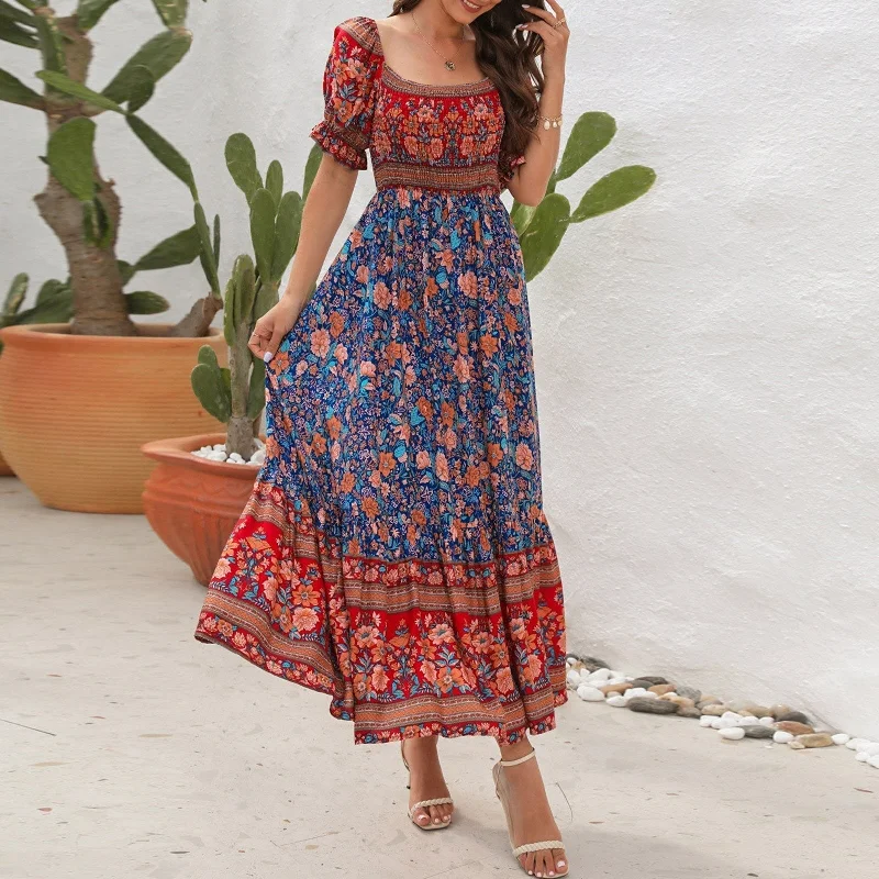 Square Collar Floral Maxi Dress