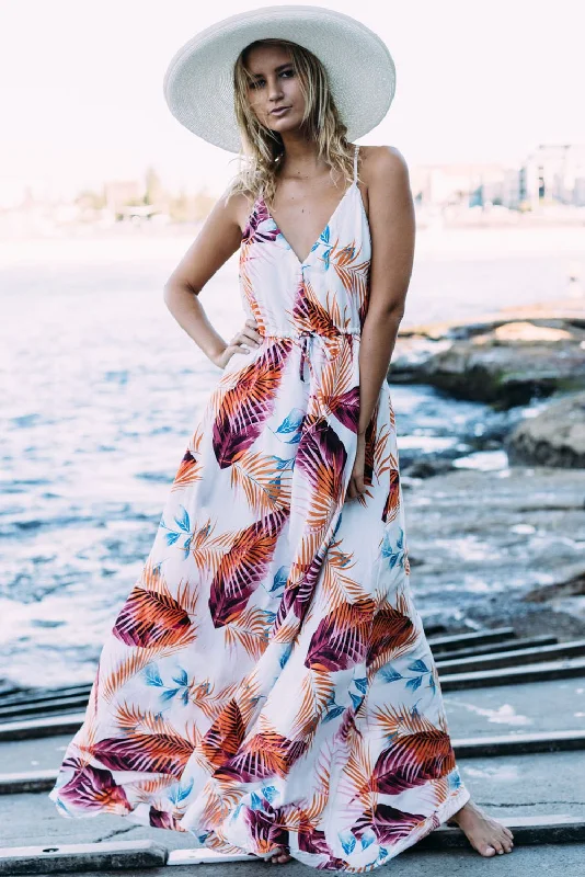 Summer Vacay Palm Leaf Print Plunging Neck Maxi Dress