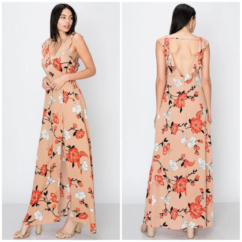 Taupe Deep V Faux Wrap Floral Cherry Blossom Open Back Maxi Dress