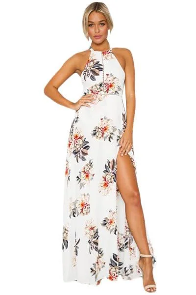 White Floral Cutout Back Halter Split Maxi Boho Dress