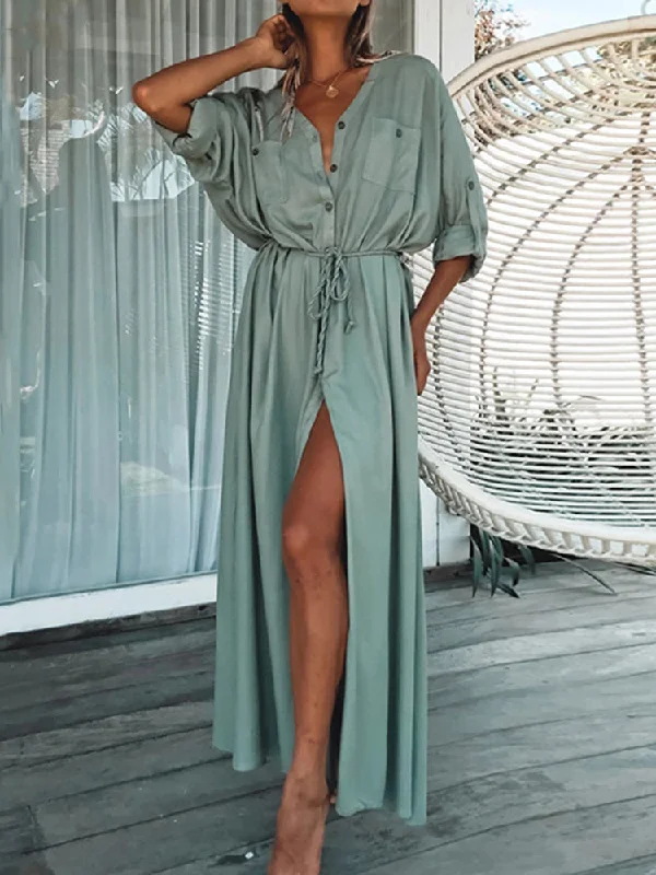 Women Casual V-Neck Long Button-Up Beach Tunic Maxi Sundress