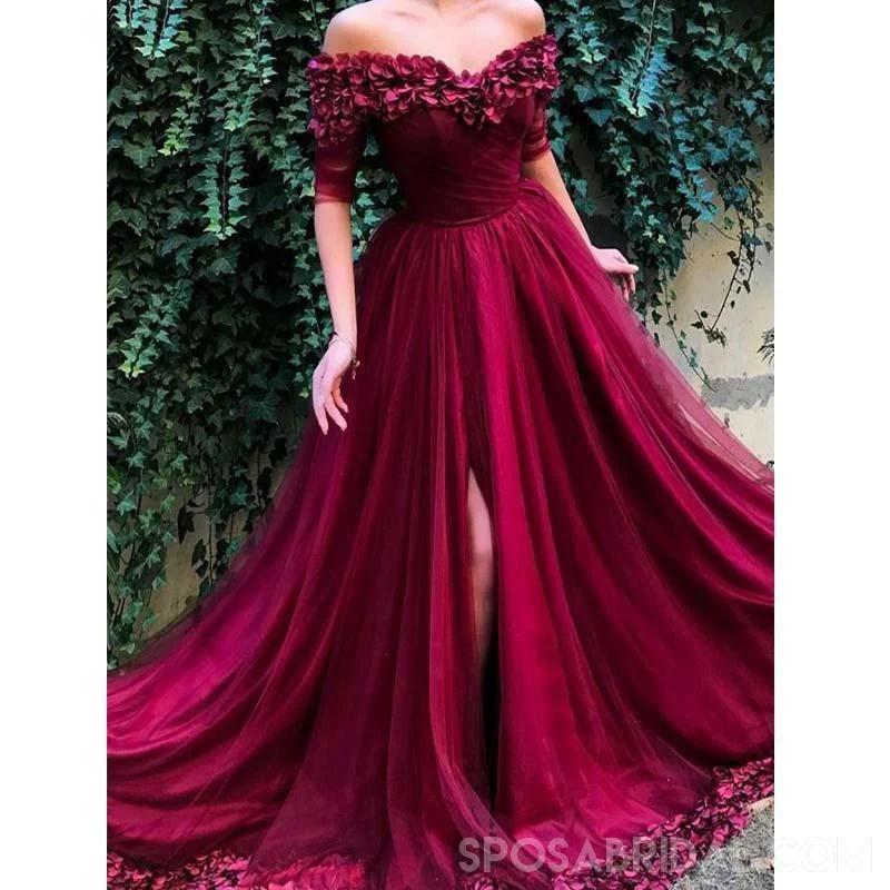 A Line Off The Shoulder Burgundy Tulle Prom Dresses With Appliques Split, Evening Dress, PD1128