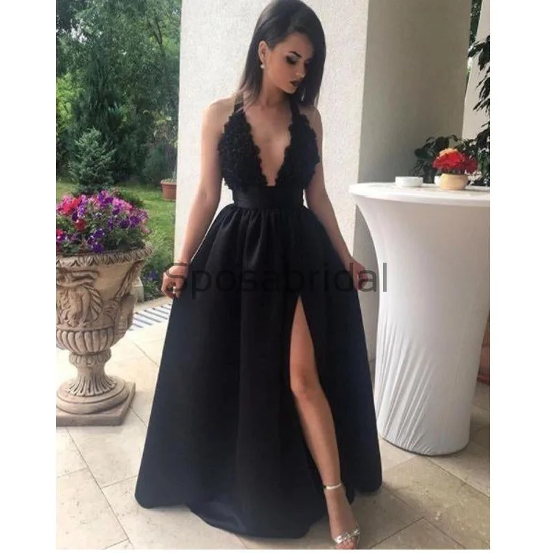 Black A-line Side Slit Satin Simple Sexy Modest Prom Dresses,Evening dresses, Prom Dress PD1822