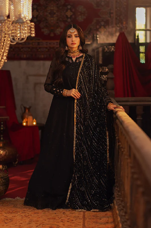 Regal Black Embroidered Pakistani Party Wear Dupatta Long Frock Style