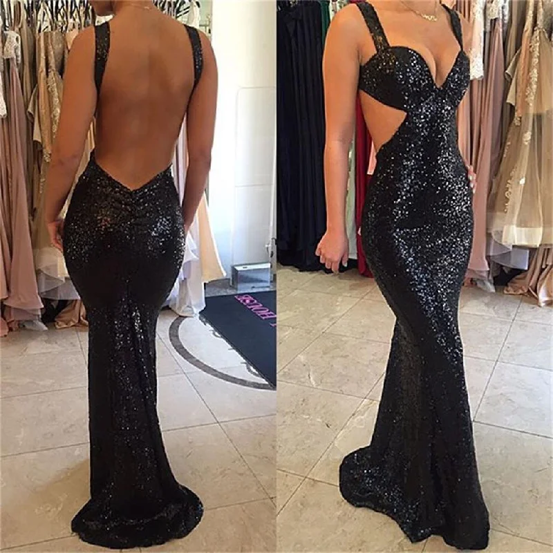 Black Sequined Sparkle Sexy Backless Party Cocktail Evening Long Prom Dresse, PD0200