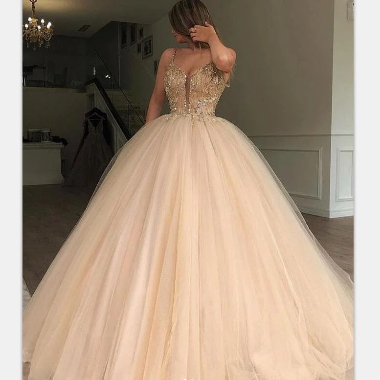 Charming  Gorgeous Spaghetti Straps Tulle Long Popular Prom Dresses with bead, party queen dress , PD0884