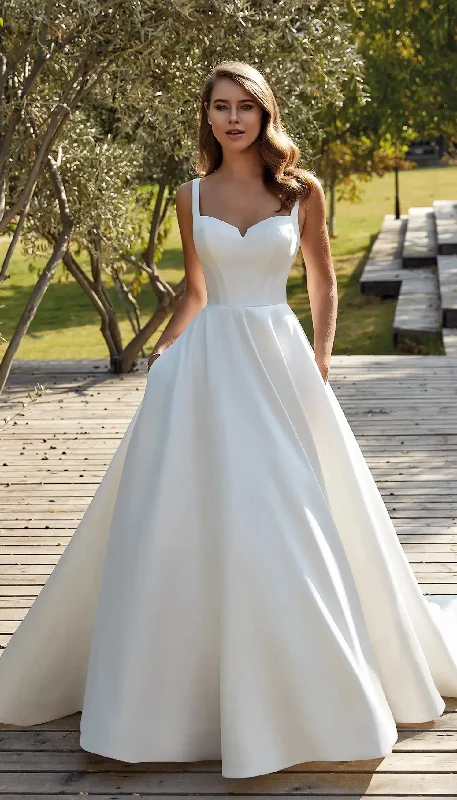 Civil V-Neck Wedding Dresses Square Collar Satin Bridal Gowns A-line Backless Buttons Bride Party Spaghetti Straps