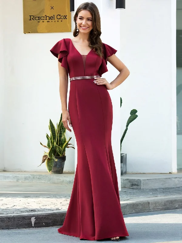 Elegant V-Neck Flutter Sleeves wholesale Mermaid Evening Dress