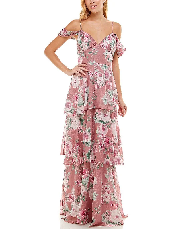 Juniors Womens Floral Chiffon Evening Dress