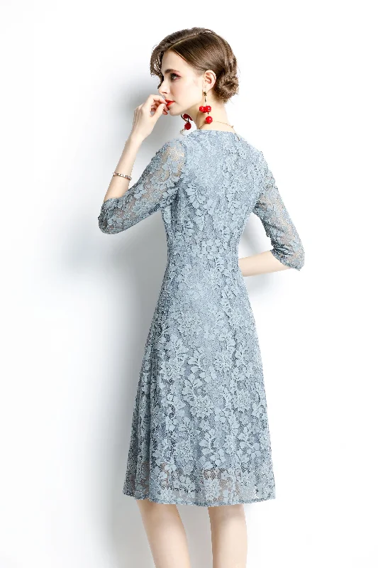 Light blue Evening A-line V-neck Elbow Sleeve Knee Lace Dress