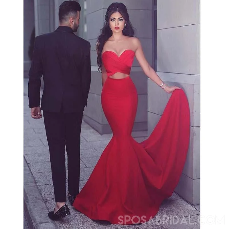 Mermaid Sweetheart Sweep Train Keyhole Cut Out Red Stretch Satin Prom Dresses, Elegant Evening Dress, PD1091