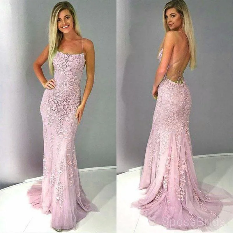 2021 Modest Spaghetti Strap Lace Mermaid Long Prom Dresses, Backless Formal Party Evening Dress, PD1270