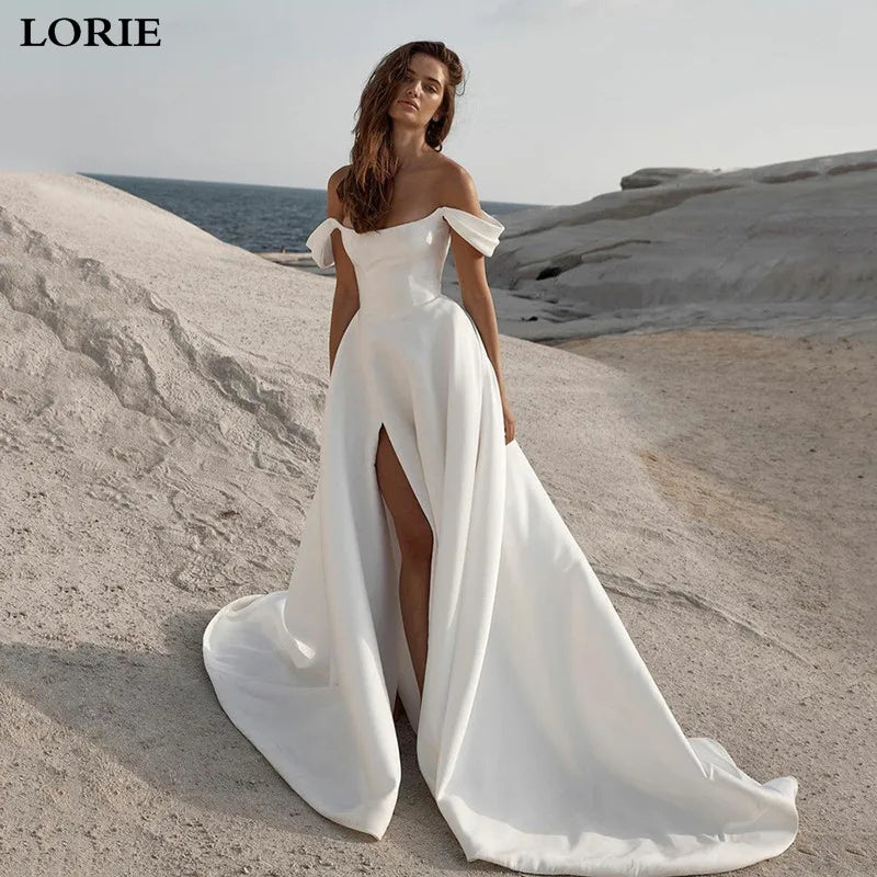 Soft Satin A Line Wedding Dresses Sleeveless Off The Shoulder Bridal Gowns Long Train Wedding Party Gowns