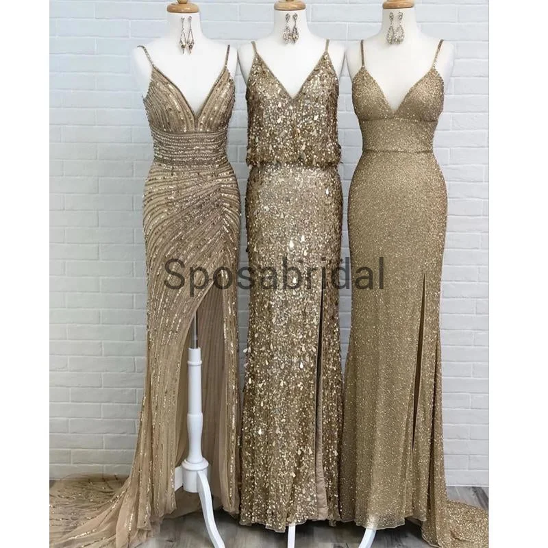 Spaghetti Straps Side Slit Shining Unqiue Modest Long Prom Dresses, Party dress PD1913