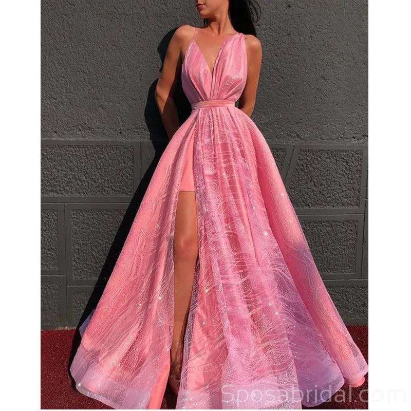 Sparkly A-line Spaghetti Straps Modest Long Prom Dresses, Elegant Prom Dress, Evening Gowns, PD1375