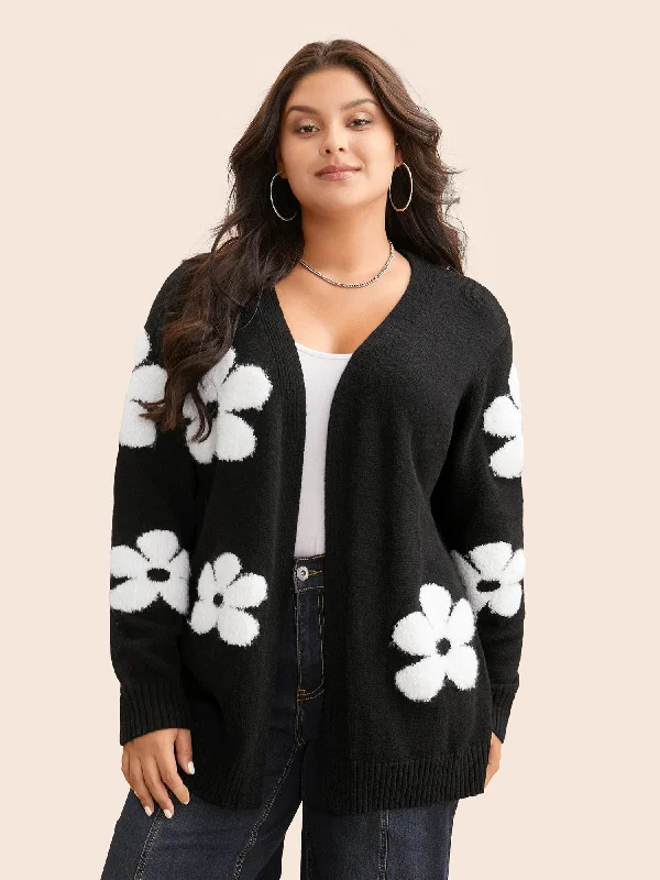 Floral Jacquard Drop Shoulder Sleeve Cardigan