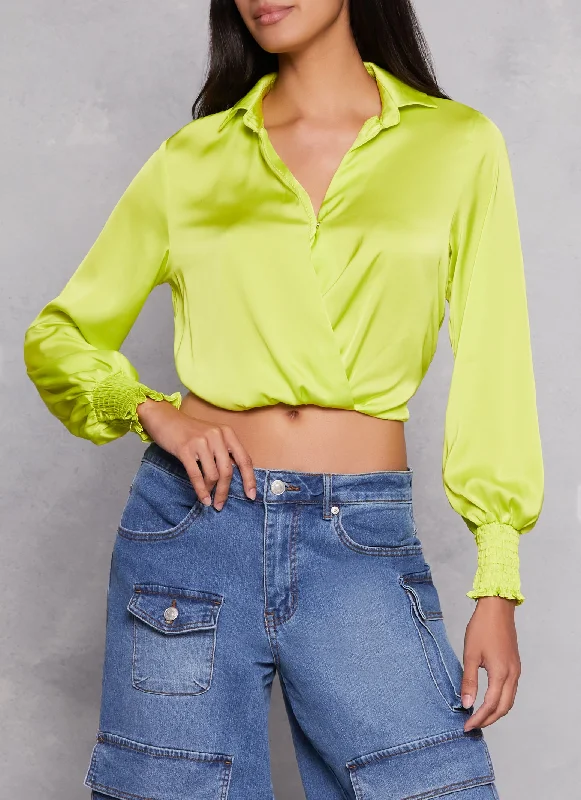 Satin Puff Sleeve Faux Wrap Shirt