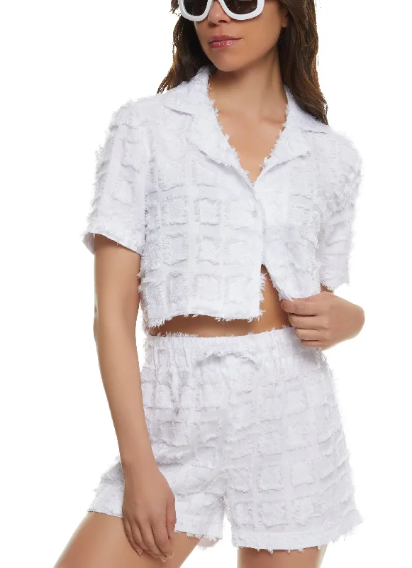 Frayed Button Front Cropped Shirt